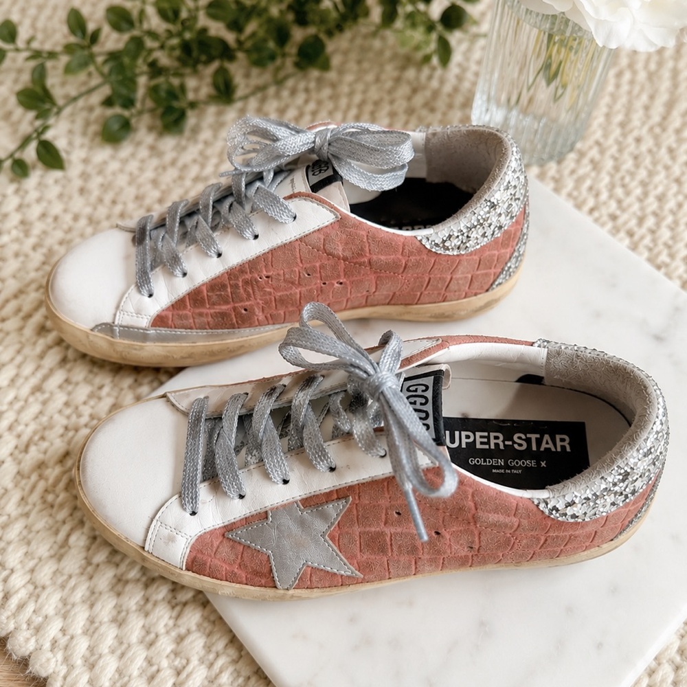 Golden Goose Super-Star Pink Croc Embossed Suede Glitter Sneakers EU 39 US 8.5